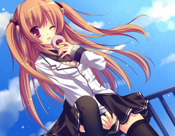 Anime picture 3200x2500 with original ringonotane (muku) single long hair highres open mouth red eyes absurdres cloud (clouds) one eye closed wink orange hair two side up girl thighhighs skirt uniform hair ornament black thighhighs school uniform