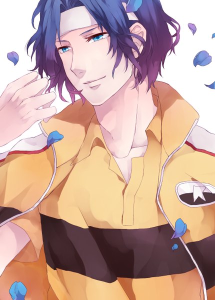 Anime picture 902x1257 with prince of tennis yukimura seiichi kali lgk single tall image short hair blue eyes simple background smile white background looking away purple hair clothes on shoulders boy uniform petals hairband gym uniform tennis uniform
