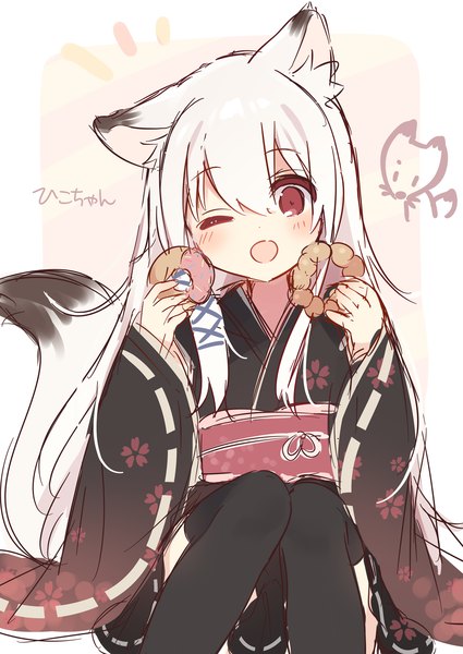 Anime-Bild 1254x1770 mit original mafuyu (chibi21) single long hair tall image looking at viewer blush fringe open mouth simple background hair between eyes red eyes sitting holding animal ears white hair tail traditional clothes head tilt japanese clothes