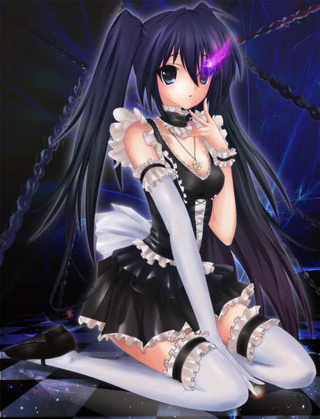 Anime picture 1300x1700 with black rock shooter kuroi mato ushas tall image blue eyes black hair twintails glowing glowing eye (eyes) thighhighs dress gloves white thighhighs elbow gloves chain single elbow glove