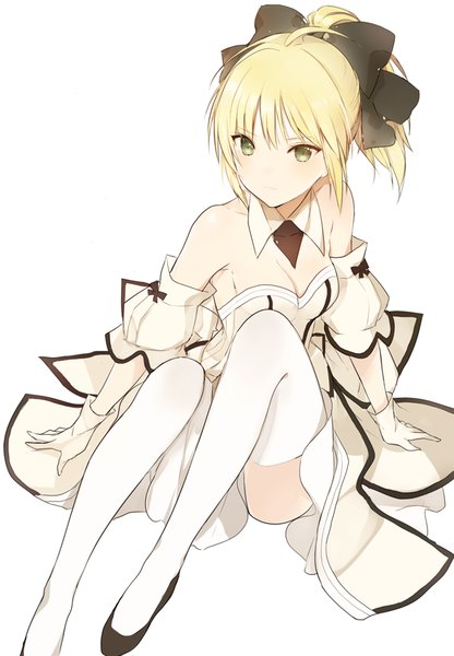 Anime picture 600x864 with fate (series) fate/unlimited codes type-moon artoria pendragon (all) saber lily lpip single long hair tall image looking at viewer blush fringe simple background blonde hair white background sitting bare shoulders green eyes cleavage bent knee (knees)