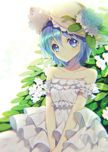 Anime picture 1062x1500 with original rugo single tall image blush fringe short hair blue eyes hair between eyes bare shoulders blue hair looking away girl dress flower (flowers) hat detached sleeves white dress sundress