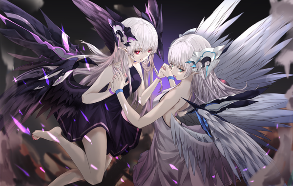 Anime picture 1974x1260 with original neon (pixiv 31150749) long hair looking at viewer fringe highres breasts hair between eyes red eyes bare shoulders multiple girls silver hair bent knee (knees) barefoot aqua eyes pointy ears holding hands bare back multiple wings girl