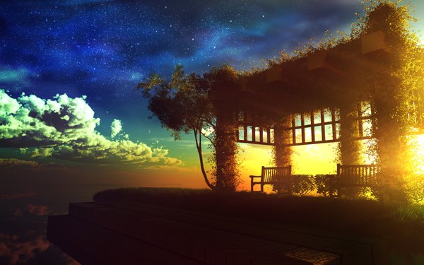 Anime picture 1920x1200 with original y-k highres wide image sky sunlight wallpaper no people fantasy scenic ruins 3d plant (plants) tree (trees) building (buildings) star (stars) grass bench bushes