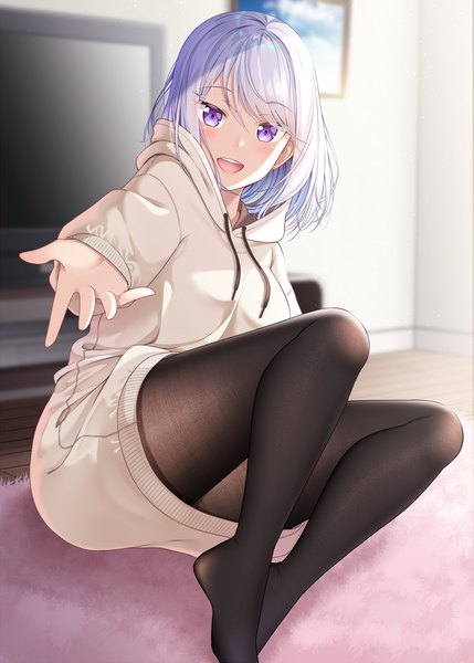 Anime picture 1300x1818 with original sumeragi hakua gurande (g-size) single tall image looking at viewer blush fringe open mouth smile hair between eyes sitting purple eyes silver hair full body bent knee (knees) indoors long sleeves :d sunlight