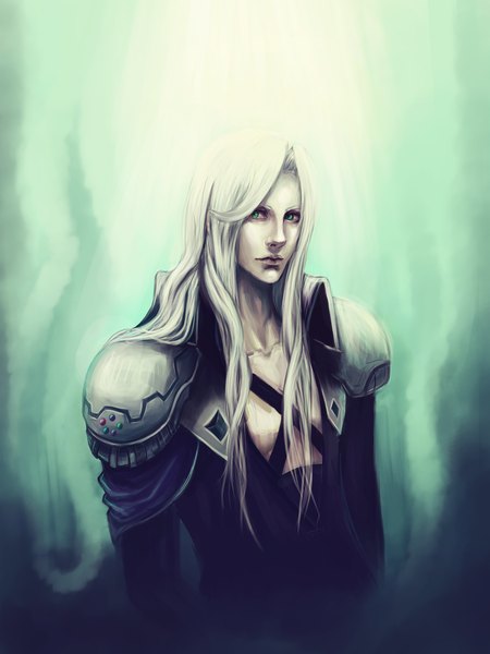 Anime picture 1920x2560 with final fantasy vii advent children final fantasy final fantasy vii square enix sephiroth robasarel single long hair tall image looking at viewer highres simple background green eyes white hair boy armor
