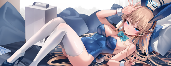 Anime picture 2700x1053 with blue archive toki (blue archive) toki (bunny) (blue archive) zerocat single long hair looking at viewer blush fringe highres breasts blue eyes light erotic blonde hair wide image large breasts animal ears bent knee (knees) lying arm up