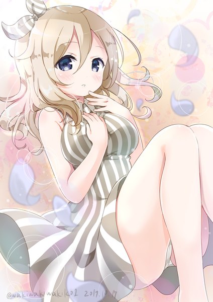 Anime picture 800x1132 with gochuumon wa usagi desu ka? white fox aoyama blue mountain neki (wakiko) single long hair tall image looking at viewer blush fringe open mouth light erotic blonde hair hair between eyes purple eyes signed :d pantyshot sleeveless twitter username