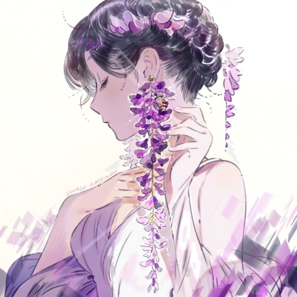 Anime picture 2500x2500 with original kaisen single highres short hair black hair simple background white background bare shoulders signed eyes closed profile hair flower hand on chest girl flower (flowers) earrings insect wisteria bee
