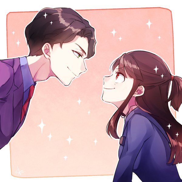 Anime picture 1000x1000 with little witch academia studio trigger kagari atsuko andrew hanbridge sakuta (sakutanomori) long hair short hair smile red eyes brown hair green eyes profile sparkle leaning leaning forward face to face eye contact girl boy uniform