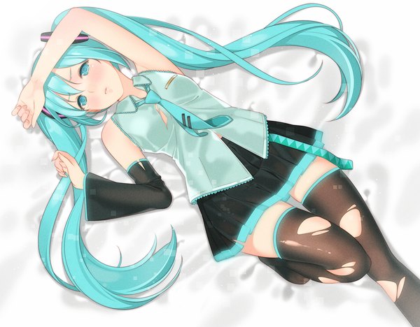 Anime picture 1200x937 with vocaloid hatsune miku ama mitsuki single long hair looking at viewer twintails aqua eyes aqua hair girl thighhighs skirt detached sleeves miniskirt necktie torn thighhighs