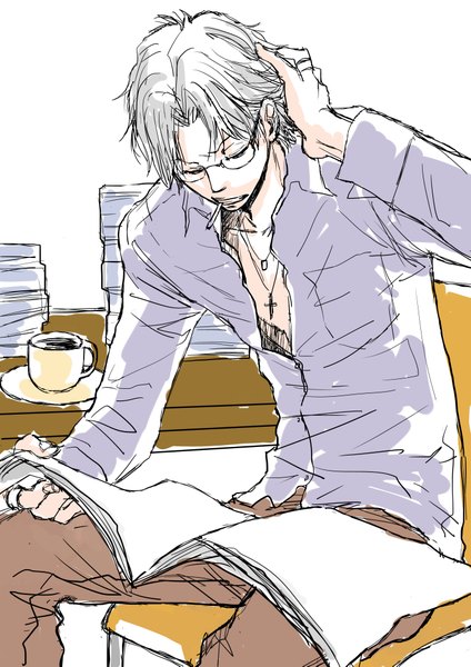 Anime picture 2894x4093 with katekyou hitman reborn gokudera hayato naozo single tall image highres short hair sitting grey hair reading boy glasses pendant book (books) ring chair table paper cigarette coffee