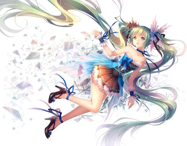 Anime picture 1000x781 with vocaloid hatsune miku tidsean single looking at viewer open mouth simple background white background bare shoulders green eyes very long hair green hair high heels weightlessness broken broken glass girl dress hair ornament bow