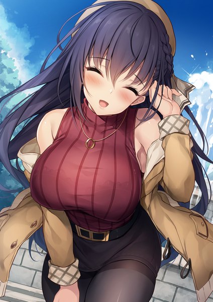 Anime picture 2894x4093 with makulove tachibana ayaka (makulove) xe (execut3r) single long hair tall image blush fringe highres breasts open mouth light erotic black hair smile hair between eyes large breasts standing bare shoulders payot sky