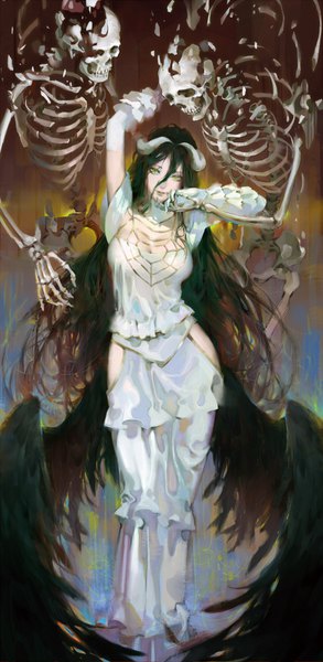 Anime picture 850x1740 with overlord (maruyama) madhouse albedo (overlord) vnug7855 single long hair tall image looking at viewer fringe breasts black hair hair between eyes large breasts standing green eyes head tilt arm up black wings skeleton low wings