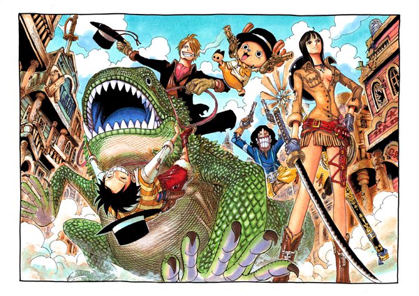 Anime picture 1959x1390 with one piece toei animation monkey d. luffy nico robin sanji tony tony chopper usopp oda eiichirou long hair fringe highres short hair breasts light erotic black hair blonde hair smile standing sitting holding