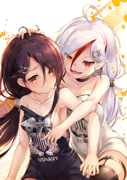 Anime picture 709x1000 with azur lane cassin (azur lane) downes (azur lane) kurenai musume long hair tall image looking at viewer blush fringe breasts open mouth light erotic black hair simple background hair between eyes red eyes bare shoulders multiple girls yellow eyes looking away