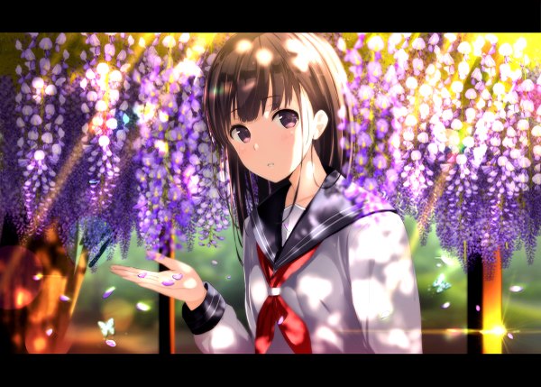 Anime picture 1200x859 with original morerin single long hair looking at viewer black hair purple eyes letterboxed girl uniform flower (flowers) petals serafuku insect butterfly wisteria