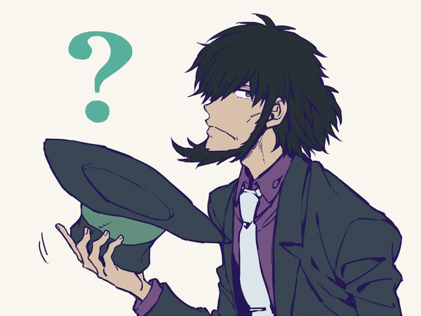 Anime-Bild 1000x750 mit lupin iii jigen daisuke hoyano single short hair black hair simple background white background profile grey eyes hat removed headwear removed ? boy necktie beard