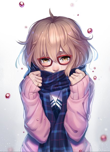 Anime picture 659x910 with kyoukai no kanata kyoto animation kuriyama mirai raijuu (bakanara) single tall image blush fringe short hair simple background brown hair brown eyes ahoge tears covering crying sad girl uniform school uniform