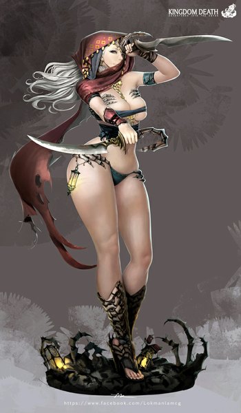 Anime picture 599x1024 with kingdom death lokman lam single long hair tall image light erotic standing bare shoulders grey hair realistic midriff looking up assassin girl navel weapon lantern dagger