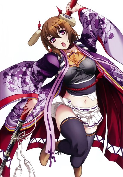 Anime picture 4868x7010 with hyakka ryouran samurai girls arms corporation tokugawa sen nishii (nitroplus) single long hair tall image looking at viewer highres open mouth light erotic simple background brown hair white background purple eyes absurdres scan official art girl thighhighs