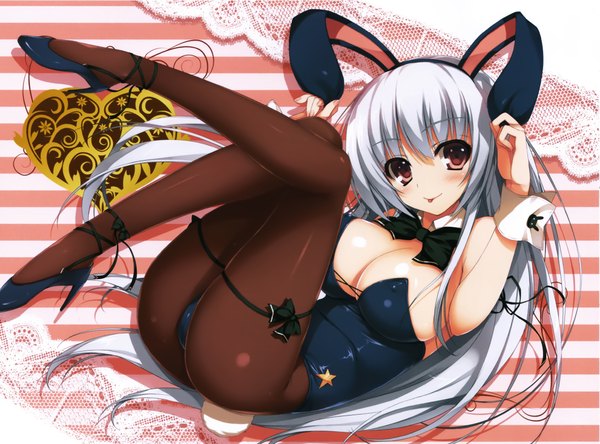 Anime picture 4723x3500 with original tomose shunsaku single long hair looking at viewer blush highres breasts light erotic smile red eyes large breasts animal ears absurdres white hair scan bunny ears bunny girl striped background girl