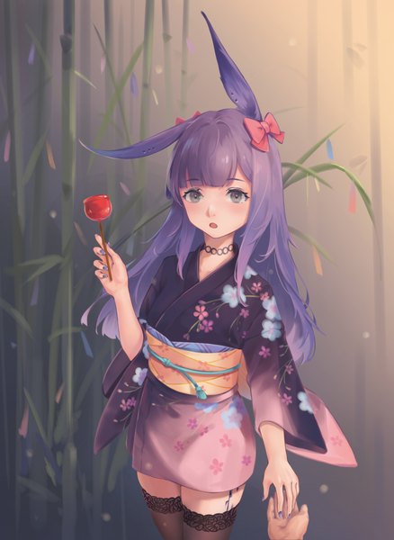 Anime picture 2480x3400 with arknights rope (arknights) yinghuahua long hair tall image looking at viewer blush fringe highres open mouth standing holding animal ears purple hair outdoors blunt bangs nail polish traditional clothes japanese clothes fingernails