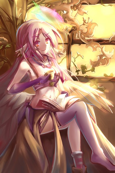 Anime picture 1200x1800 with no game no life madhouse jibril (no game no life) pixiv id 7544348 single long hair tall image looking at viewer breasts light erotic large breasts sitting yellow eyes payot pink hair bent knee (knees) multicolored hair light smile midriff symbol-shaped pupils