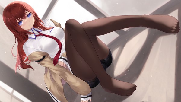 Anime picture 3840x2160 with steins;gate white fox makise kurisu cait single long hair looking at viewer blush fringe highres blue eyes hair between eyes brown hair wide image absurdres long sleeves parted lips off shoulder arm support open jacket