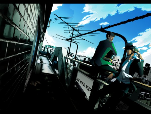 Anime picture 1403x1060 with lupin iii jigen daisuke arsene lupin iii nasubi (w.c.s) short hair brown hair brown eyes sky cloud (clouds) city hat over eyes boy hat necktie building (buildings) pants suit wire (wires)