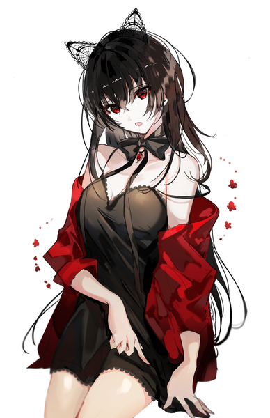Anime picture 776x1200 with original naru (ul) single long hair tall image looking at viewer fringe breasts open mouth black hair simple background hair between eyes red eyes standing white background bare shoulders animal ears cleavage head tilt off shoulder
