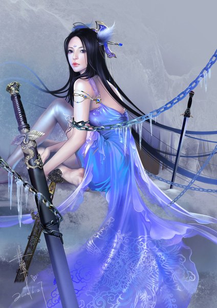 Anime picture 1024x1448 with feimo single long hair tall image blue eyes black hair sitting bare shoulders looking back barefoot lips realistic grey background girl dress hair ornament weapon sword chain