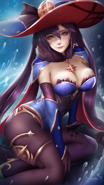 Anime picture 3080x5476 with genshin impact mona megistus turewindwalker single long hair tall image looking at viewer blush fringe highres breasts light erotic smile hair between eyes large breasts sitting twintails brown eyes signed payot