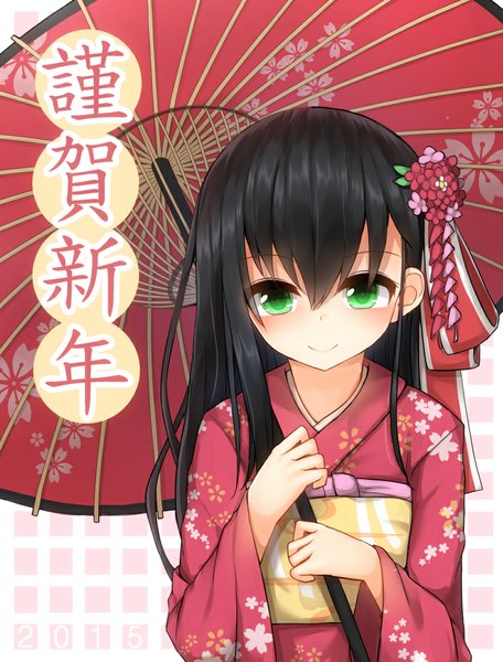 Anime picture 818x1075 with original mizushina minato single long hair tall image looking at viewer blush black hair smile green eyes traditional clothes japanese clothes hieroglyph new year happy new year nengajou girl obi yukata