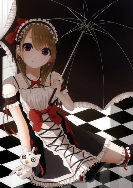 Anime picture 753x1063 with original kentaurosu single long hair tall image looking at viewer red eyes brown hair checkered floor girl thighhighs dress bow black thighhighs earrings frills headdress umbrella