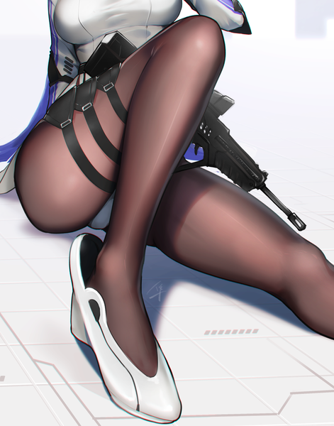 Anime picture 1113x1417 with girls frontline tar-21 (girls' frontline) hayabusa single tall image breasts light erotic simple background large breasts sitting blue hair very long hair high heels close-up girl weapon pantyhose black pantyhose gun thigh strap