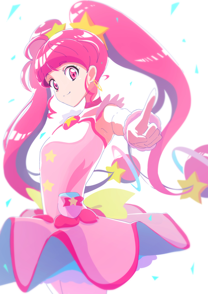 Anime picture 2481x3508 with precure star twinkle precure toei animation hoshina hikaru cure star eaccount single long hair tall image looking at viewer fringe highres smile twintails pink hair pink eyes magical girl pointing at viewer girl dress