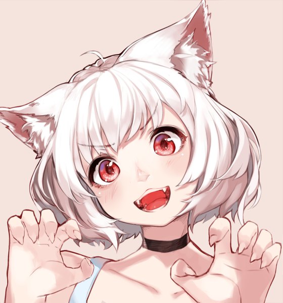 Anime picture 747x800 with original hoshi usagi single tall image looking at viewer short hair open mouth simple background smile red eyes animal ears upper body ahoge white hair head tilt fingernails cat ears cat girl fang (fangs) pink background