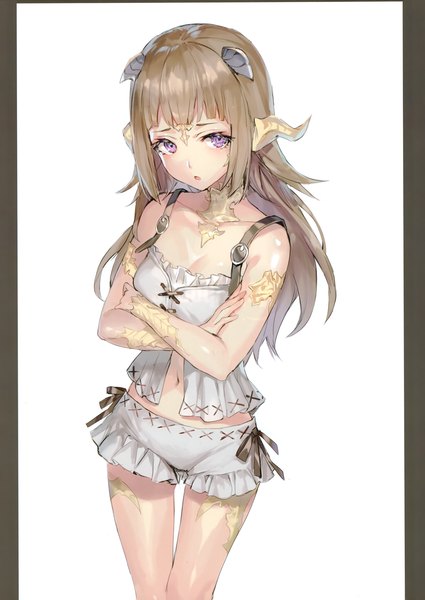 Anime picture 2093x2952 with final fantasy final fantasy xiv square enix au ra momoko (momopoco) single long hair tall image looking at viewer blush fringe highres breasts open mouth simple background brown hair standing white background purple eyes bare shoulders