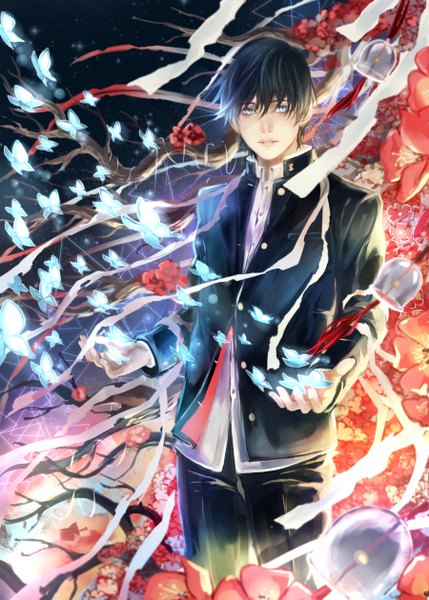 Anime picture 900x1259 with original saito yukihiro single tall image looking at viewer fringe short hair black hair lips glowing boy uniform flower (flowers) school uniform shirt white shirt insect butterfly bell pants