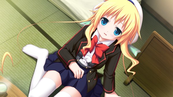 Anime picture 1024x576 with soukoku no arterial shaneorka long hair looking at viewer open mouth blue eyes blonde hair smile wide image game cg girl thighhighs skirt uniform school uniform miniskirt white thighhighs bowtie peaked cap