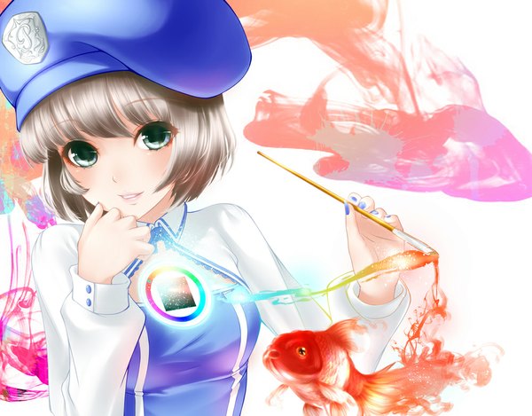 Anime picture 1000x783 with original rail (silverbow) single long hair green eyes silver hair girl beret fish (fishes) paintbrush art brush