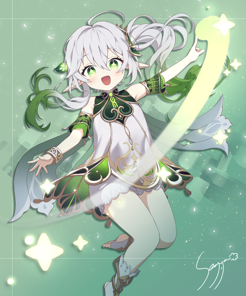 Anime picture 4550x5482 with genshin impact nahida (genshin impact) ice s s z single long hair tall image fringe highres open mouth hair between eyes green eyes absurdres silver hair full body ahoge :d magic side ponytail symbol-shaped pupils green background
