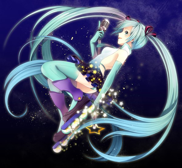 Anime picture 1200x1113 with vocaloid hatsune miku hakusai (tiahszld) single open mouth twintails bare shoulders very long hair aqua eyes aqua hair girl dress gloves ribbon (ribbons) hair ribbon elbow gloves star (stars) microphone stand roller skates