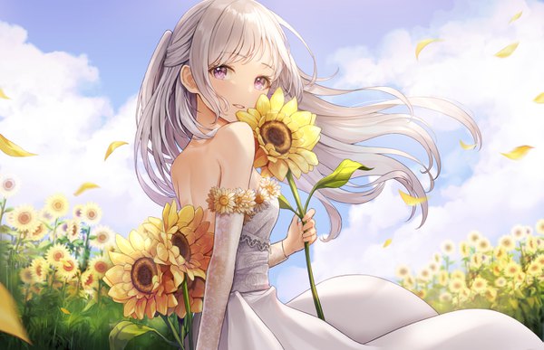 Anime picture 1339x864 with original lunacle single long hair looking at viewer blush smile standing bare shoulders holding payot sky silver hair cloud (clouds) outdoors long sleeves parted lips head tilt pink eyes looking back