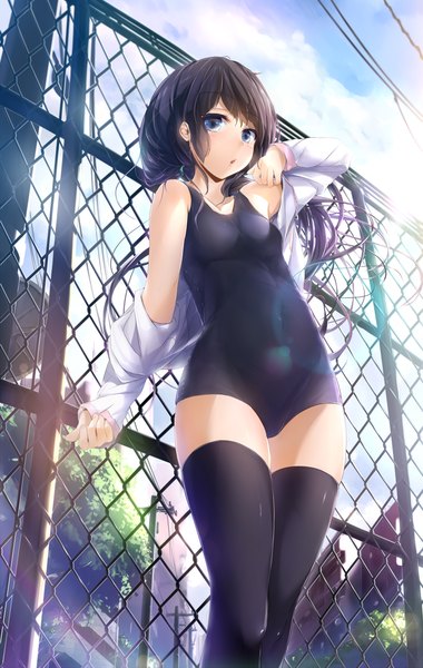 Anime picture 900x1420 with original wingheart single long hair tall image looking at viewer blush open mouth blue eyes light erotic black hair bare shoulders sky cloud (clouds) open clothes open shirt against fence girl thighhighs black thighhighs