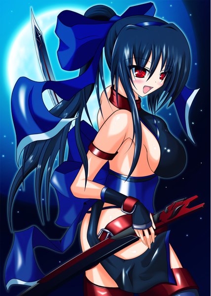 Anime picture 1200x1680 with original yui77 (artist) long hair tall image open mouth light erotic red eyes bare shoulders ponytail night sky girl ribbon (ribbons) weapon hair ribbon sword fingerless gloves star (stars)