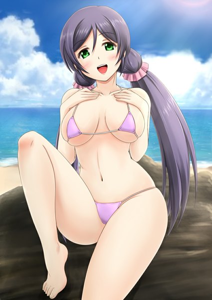 Anime picture 800x1130 with love live! school idol project sunrise (studio) love live! toujou nozomi fuuma nagi single long hair tall image looking at viewer blush breasts open mouth light erotic black hair large breasts twintails green eyes sky cloud (clouds) barefoot