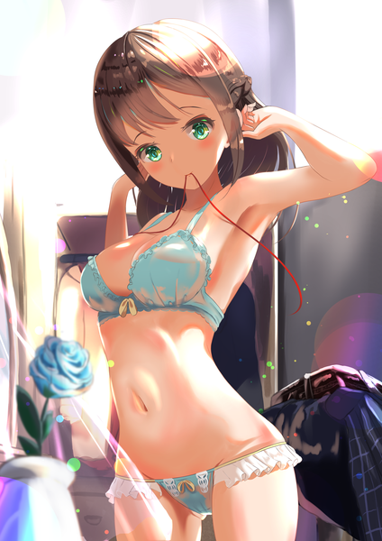 Anime picture 2894x4093 with original wander00317 (akihirotanisi) single long hair tall image looking at viewer blush fringe highres breasts light erotic smile brown hair standing bare shoulders holding green eyes payot cleavage indoors